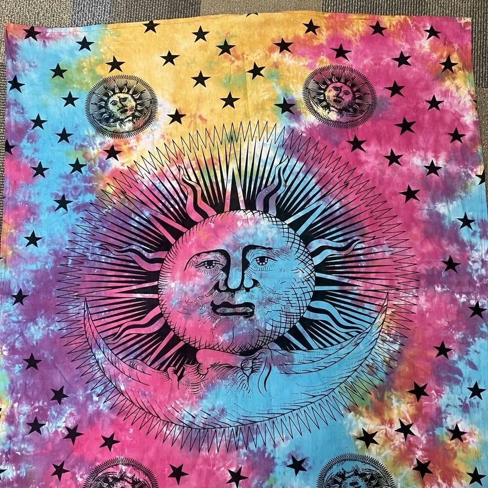 Psychedelic Sun Moon Stars Tie Dye Mandala Tapestry Hippie Hippy Celestial Wall